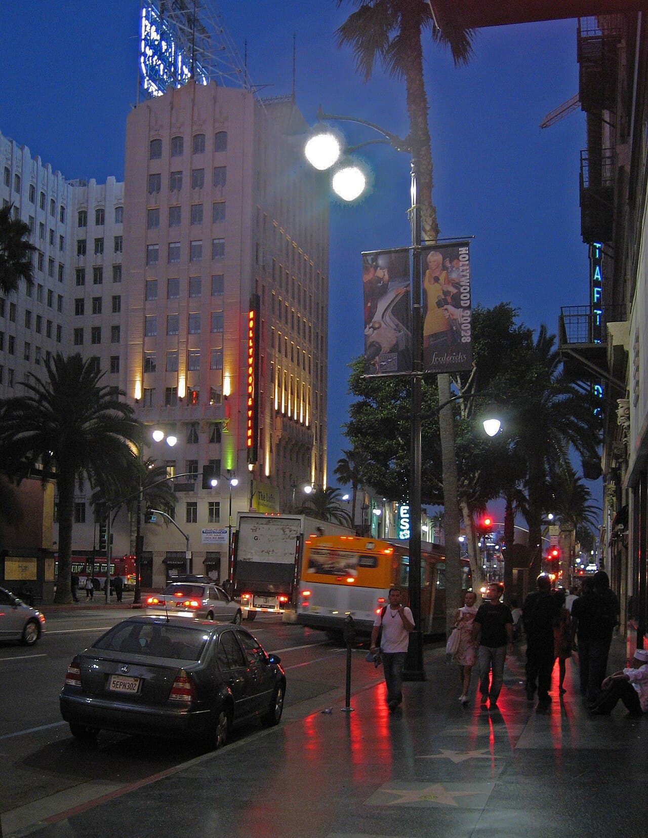 Hollywood Boulevard at night — the neighbourhood a few minutes' walk from Sound Nightclub