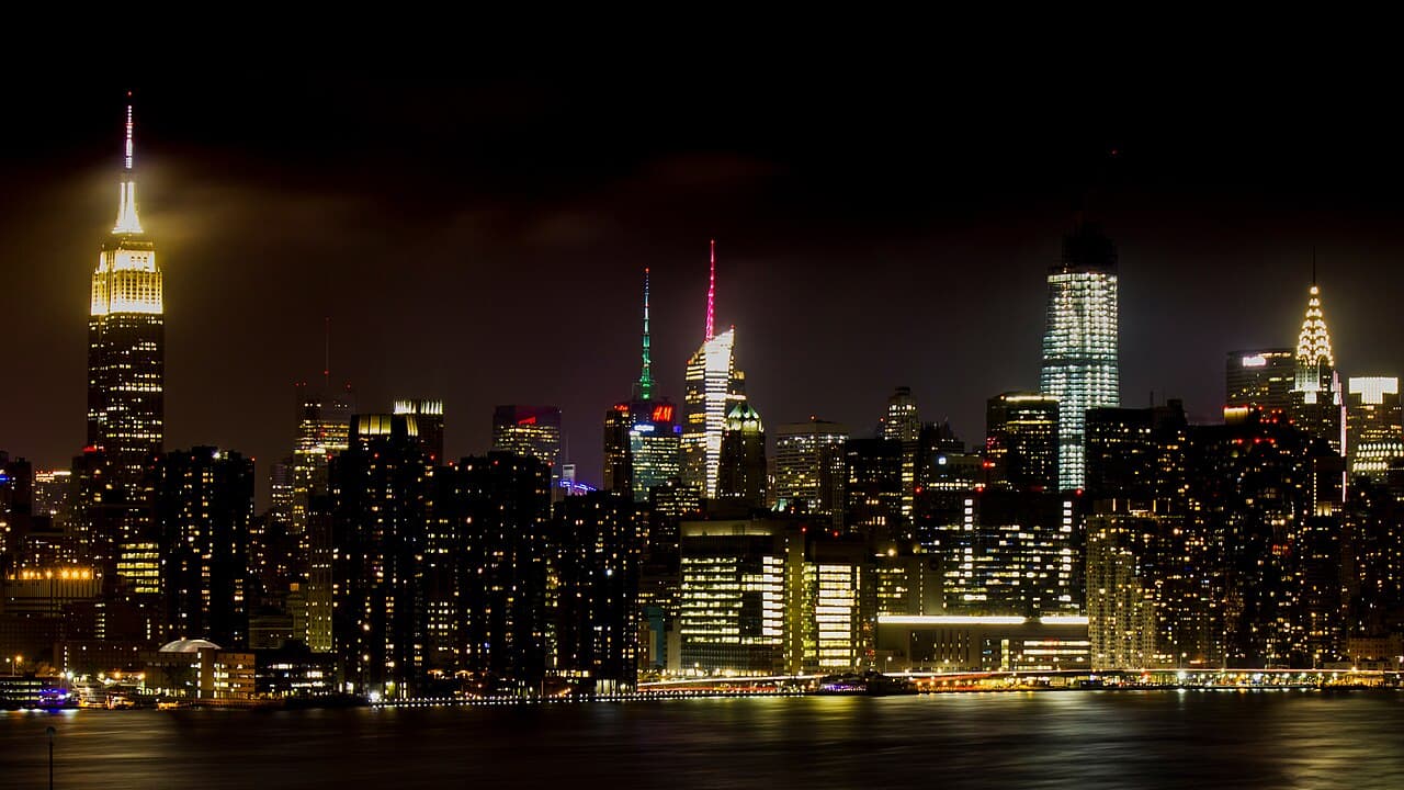 The New York City skyline seen from Brooklyn, home of the city's warehouse club scene