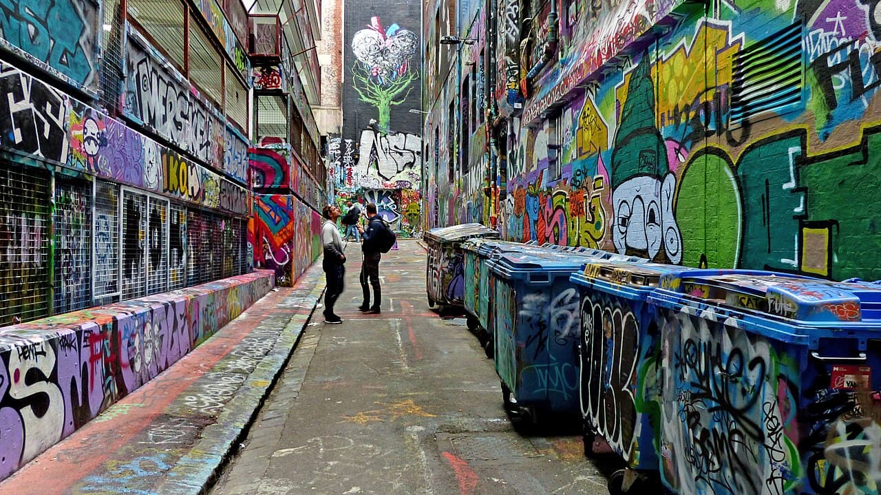Street-art-covered walls of Hosier Lane in Melbourne's CBD, near the city's basement techno rooms