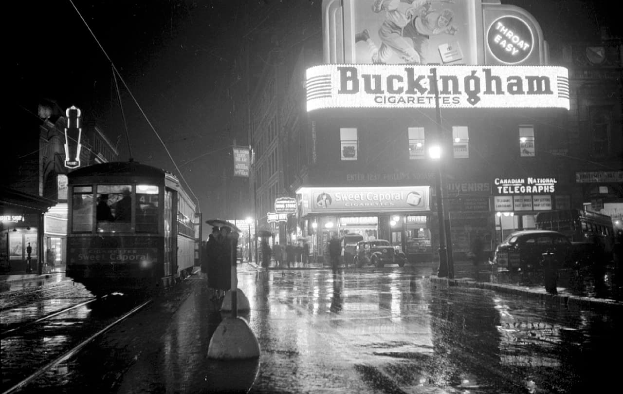 Sainte-Catherine Street at night, Montreal, where Stereo is located