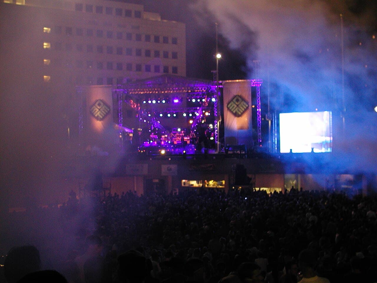 The main stage and crowd after dark at the Detroit Electronic Music Festival, the city that birthed techno